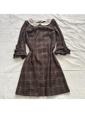 Axes Femme Brown Plaid A-Line Dress Lace Sleeves Bow Cuffs Peter Pan Collar